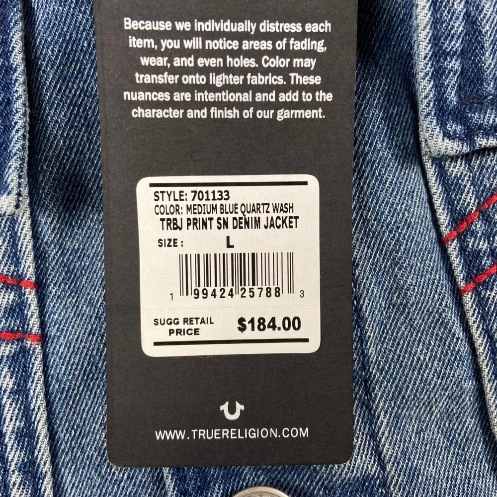 True Religion Print Single Needle Denim Jacket Men L Blue Quartz Wash Jean New